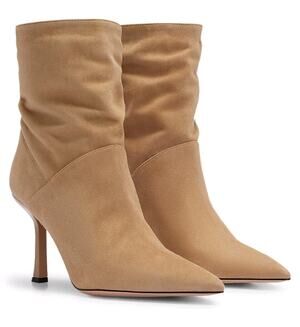BOSS Medium Beige Suede Pointed Toe Ankle Booties Boots NIB